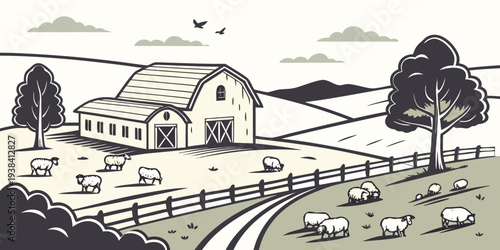 A serene countryside landscape with a farmhouse and trees under a clear blue sky Vector