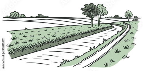 A serene landscape of rolling hills and a winding path under a clear sky. Vector