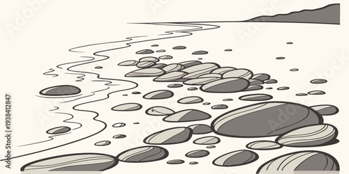 A serene beach scene with gentle waves lapping at the shore and a clear sky above Vector