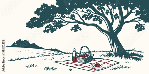 A tranquil scene of a person sitting under a large tree near a body of water. Vector