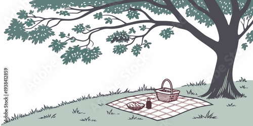 A serene picnic under the shade of a large tree by the riverbank Vector