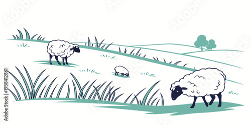 Three sheep grazing peacefully in a lush green field with a butterfly nearby. Vector