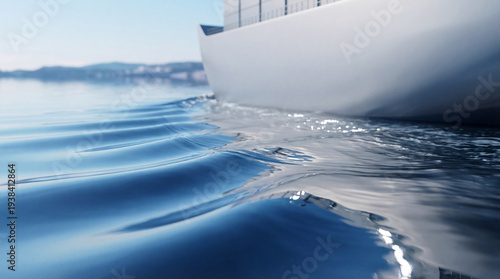Tranquil blue sea with gentle ripples and a large white boat sailing in the background.