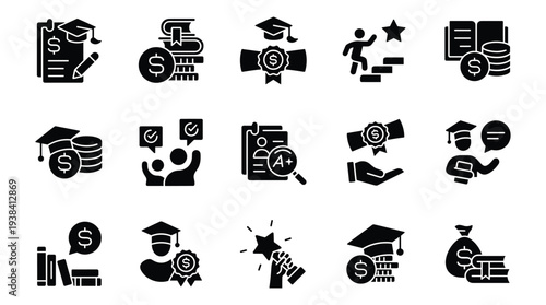 Education pixel perfect black glyph icons bundle, editable stroke graduation