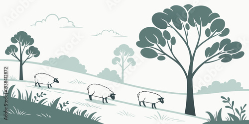 A serene landscape featuring a herd of deer grazing in a lush meadow with trees and mountains in the background. Vector
