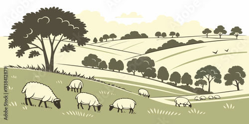 A picturesque pastoral scene with sheep grazing on a lush green hillside Vector