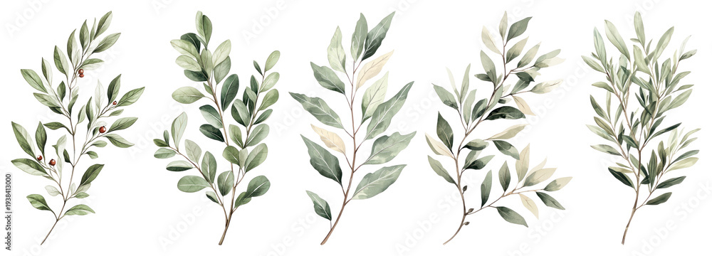 Naklejka premium PNG Elegant watercolor botanical leaf illustrations on transparent background