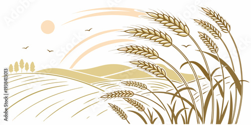 A beautiful illustration of wheat stalks and seeds scattered across a white background Vector