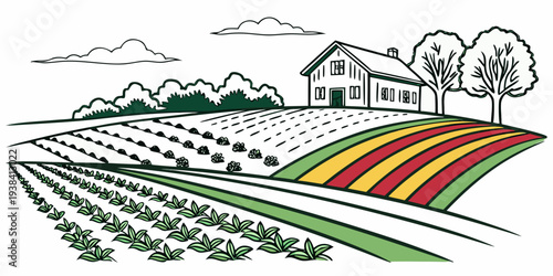 Farmers tilling the land with various equipment in a rural agricultural setting. Vector