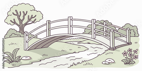A serene park scene with a wooden bridge over a calm stream surrounded by lush greenery Vector