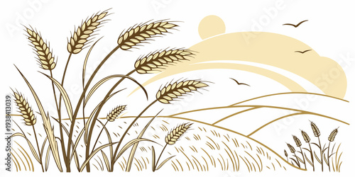 Golden wheat field under a clear blue sky with a few scattered clouds Vector