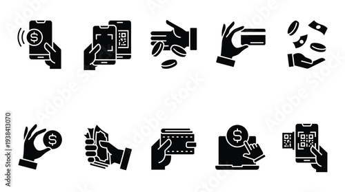 Money payment icons set, mobile payment, QR code, credit card, cash, wallet