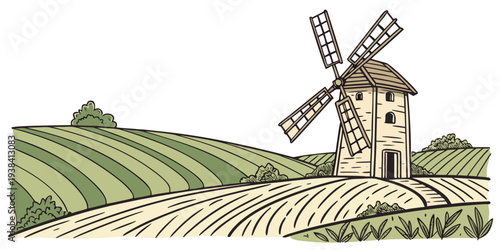 A picturesque windmill standing tall on a green hillside with a clear blue sky Vector