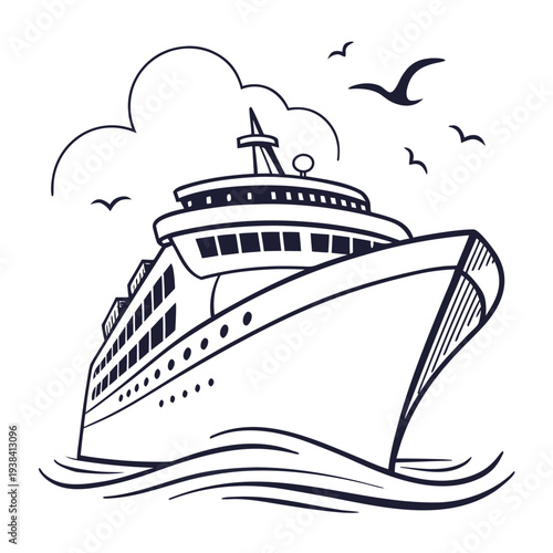 A large cruise ship sailing on calm waters with seagulls flying overhead Vector