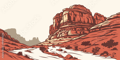 A breathtaking view of red rock formations in a snowy mountainous landscape Vector
