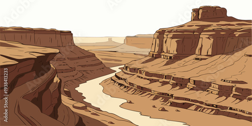 Ancient ruins stand majestically in a vast, arid desert landscape under a clear blue sky. Vector