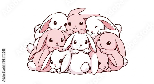 Adorable Fluffy Bunnies Pile Cute Kawaii Cartoon Style.