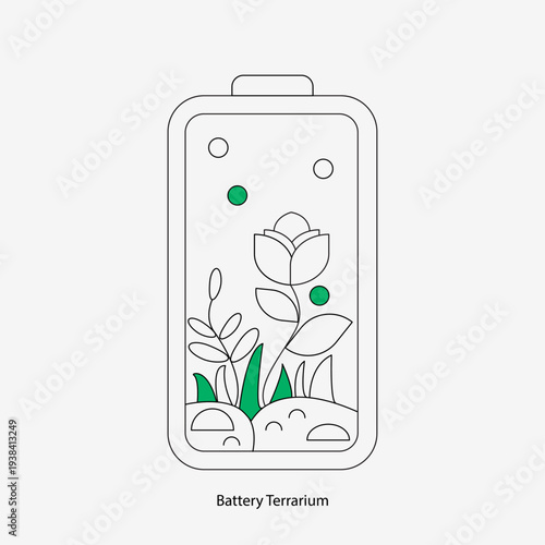 Battery shaped terrarium with blooming flowers and plants inside, line art metaphor for clean energy storage, ecological power and sustainable battery life