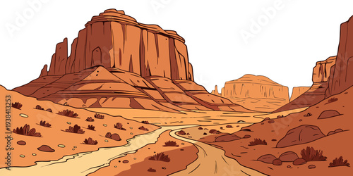 A vast desert landscape with towering red rock formations under a clear blue sky Vector