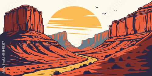 A vast desert landscape with towering red rock formations under a bright orange sky Vector
