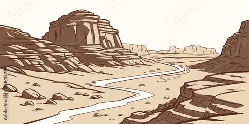Ancient ruins stand tall amidst a vast, arid desert landscape under a clear blue sky Vector