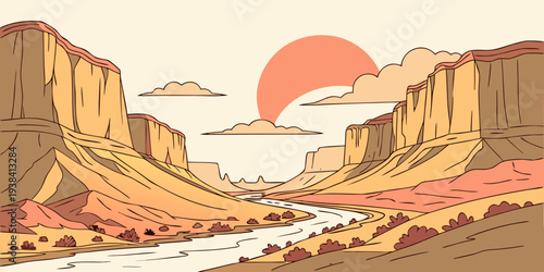 A serene desert landscape with a vibrant sunset and winding canyons. Vector