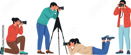 Photographers Taking Photos with Camera and Tripod Vector Illustration Set