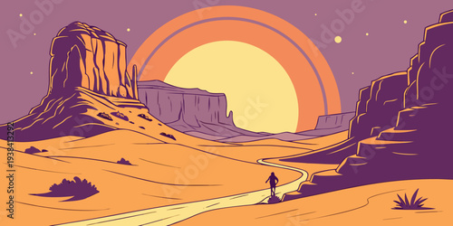 A vibrant sunset over a desert landscape with ancient ruins in the background Vector