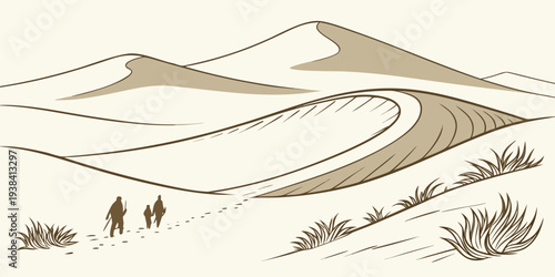 A group of hikers trekking through a vast, barren desert landscape with rolling dunes. Vector