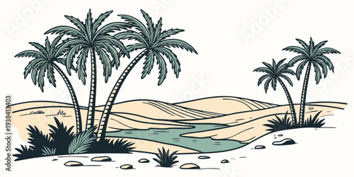 A serene landscape featuring three palm trees standing tall on a sandy beach. Vector
