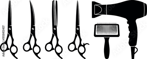 Professional Hair Salon and Pet Grooming Tools Vector Set - Scissors, Hair Dryer, and Brush Icons