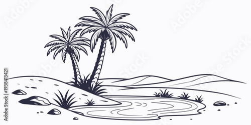 Three palm trees standing on a sandy beach with a small body of water nearby Vector