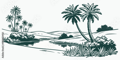 A serene landscape with palm trees and a tranquil stream flowing through it. Vector