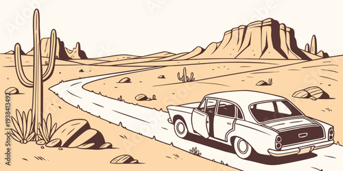 Ancient riverbed winds through a vast desert landscape with rugged mountains in the distance Vector