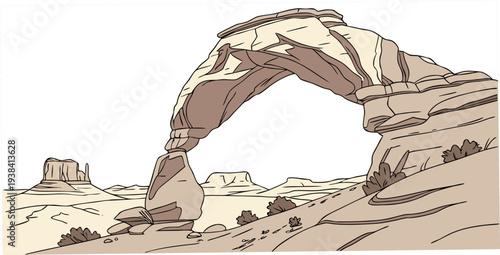 A majestic natural arch formation in a desert landscape with a small structure nearby. Vector