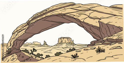 A majestic natural arch formation stands tall in a desert landscape Vector