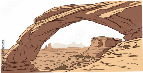 A majestic natural sandstone arch formation in a desert landscape Vector