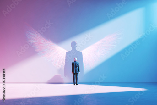 A lonely man stands in an empty room illuminated by bright rays of light. Behind him, on the wall, a huge shadow in the shape of angel wings. A symbol of spirituality and self-realization.