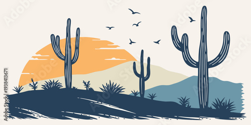 A serene desert landscape at sunset with cacti and distant mountains Vector