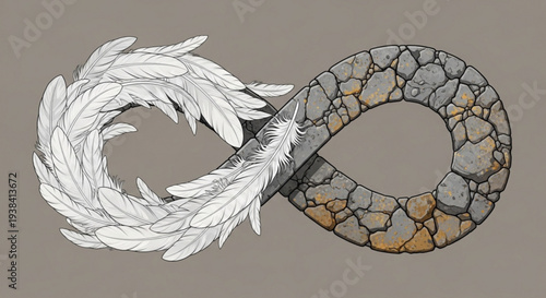 Infinity symbol illustration with contrasting white feathers and stone mosaic texture on gray background symbolizing balance and eternity