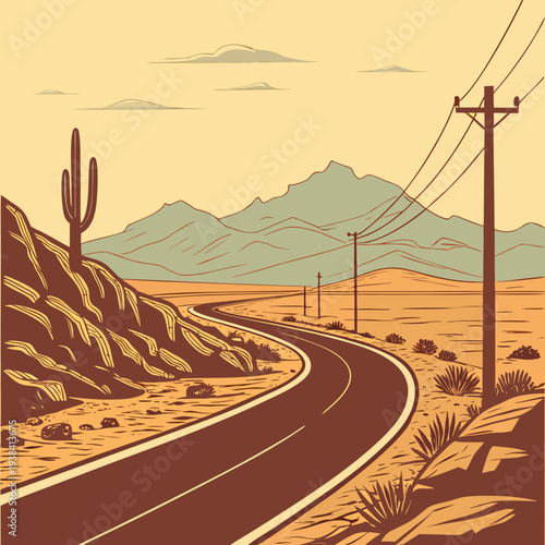A winding road stretches through a desert landscape under a clear blue sky. Vector