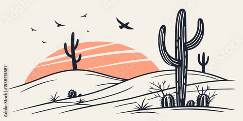 Birds flying over a desert landscape with cacti and distant mountains Vector