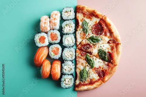 Food composition: half a circle consists of sushi rolls, and the other half of pizza. The choice is between two popular global cuisines—Japanese and Italian.