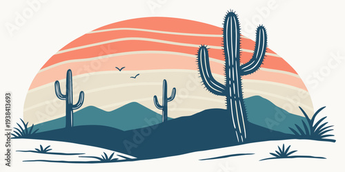 A serene desert landscape with cacti and a majestic sunset in the background Vector