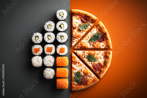 Food composition: half the circle consists of sushi rolls, the other half of pizza. Food selection and cuisine diversity.