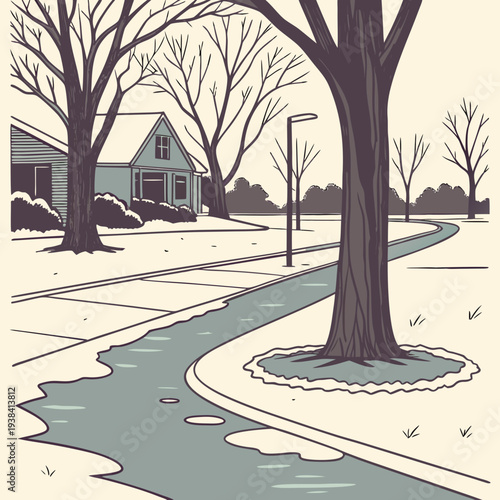 A serene winter scene with a winding path through a park with bare trees Vector