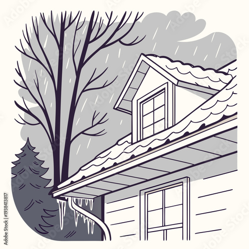 A serene house nestled under a tall tree with a stormy sky overhead. Vector