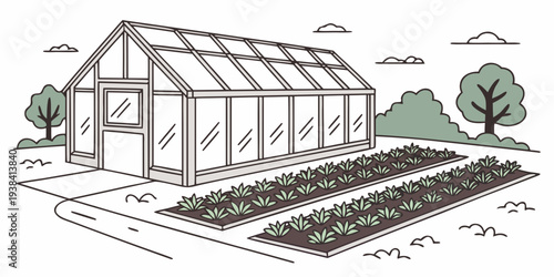 A large greenhouse with a variety of plants and trees growing inside Vector