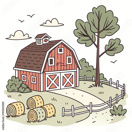 A picturesque countryside scene with a red barn and grazing animals Vector