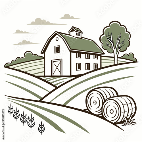 A serene countryside scene with a farmhouse and hay bales Vector